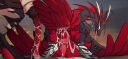 after_anal after_sex balls belly belly_inflation big_belly bodily_fluids cum cum_drip cum_in_ass cum_inside cum_overflow dinkysaurus dragon dripping drooling duo european_mythology feathered_wings feathers feral genital_fluids genitals hi_res immobile inflation inflation knot knotted_penis long_penis male male/male mythological_creature mythological_scalie mythology penile_spines penis red_penis redshift_(dinkysaurus) saliva scalie underfluffies western_dragon wings wyvern