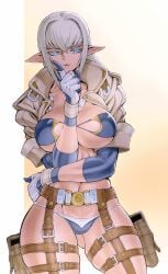 absurdres blue_eyes breasts commentary dark-skinned_female dark_elf dark_skin elf female gloves highres jill_(kasaki_yoshihiko) kasaki_yoshihiko large_breasts long_hair original parted_lips pointy_ears solo
