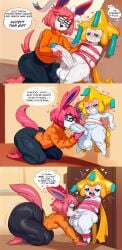 <3_eyes absurd_res ai_generated anthro ass balls balls_grab big_balls big_butt big_penis blue_eyes blush bodily_fluids bondage bottomwear bound breasts canid clothed clothing comic dialogue dominant dominant_gynomorph duo eeveelution english_text erection eyewear feet fellatio fur generation_4_pokemon generation_6_pokemon genital_fluids genitals girly glasses hair hands_behind_back heart hellsonger hi_res huge_cock humanoid_genitalia humanoid_penis jirachi kneeling lagomorph legendary_pokemon leporid male mammal nintendo oral orange_topwear pants penetration penile penis pink_hair pokemon pokemon_(species) rabbit red_hair reverse_forced_oral sex small_but_hung submissive submissive_male sweat sweater sylveon tail_motion tailwag text thick_thighs topwear white_body