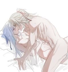 1boy abs bed bed_sheet blue_ribbon breasts collarbone completely_nude couple female french_kiss from_side hair_between_eyes hair_ribbon hand_on_own_chest hand_up highres honkai:_star_rail honkai_(series) jing_yuan jingliu_(honkai:_star_rail) kissing long_hair looking_at_another lying medium_breasts missionary muscular muscular_male navel nude on_back pillow ponytail red_eyes red_ribbon ribbon sex shuijue15739 straight tongue vaginal_penetration very_long_hair yellow_eyes