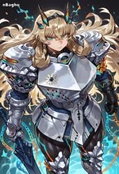 1girls ai_generated barghest_(gawain)_(fate) black_bodysuit blonde_hair blue_eyes bodysuit breastplate chains fate/grand_order fate_(series) female gauntlets green_eyes hair_ornament heterochromia highres holding_weapon long_hair muscular muscular_female muscular_thighs nbaghu shoulder_armor sword thick_thighs very_long_hair wide_hips