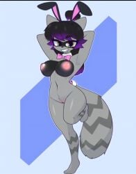 anthro areolae black_hair breasts bunny_ears furry furry_female golden_eyes leg_up long_tail looking_at_viewer mandoy1o1 nipples original_character pussy raccoon_girl smiling_at_viewer