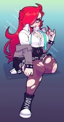 2021 2d bedroom_eyes black_nail_polish black_skirt cleavage hair_covering_eye huge_breasts lollipop lustful_gaze red_hair school_uniform sharp_teeth sneakers spiked_bracelet thick_thighs toon_michaela torn_pantyhose toxicsoul77 unbuttoned_shirt undone_necktie voluptuous white_shirt