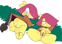 1girls anthology_of_the_killer anus ass bb_(of_the_killer) blush breasts clothes_pull feet knife looking_at_viewer lying_on_back pink_hair pussy skirt spread_legs spread_pussy sweat vonerd yellow_skin