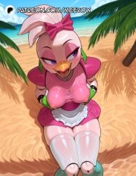 1girls ai_generated apron beach beak blue_sky blush bow breasts chica_(fnaf) covered_nipples day dress eyeshadow female five_nights_at_freddy's five_nights_at_freddy's:_security_breach fnaf furry furry_female glamrock_chica_(fnaf) gloves grabbing_own_breast hairbow joints looking_to_the_side makeup medium_breasts meevow open_mouth outdoors palm_tree patreon_logo patreon_username pink_bow pink_dress pink_shirt purple_eyes shiny_clothes shiny_skin short_sleeves sitting skindentation sky solo sweat thighhighs thighs tree waist_apron water wet wet_clothes wet_shirt white_thighhighs