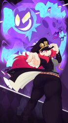 2017 2d ass black_hat black_pants breasts bubble_ass bubble_butt chains female grey_shirt huge_breasts jojo_reference pointing red_hair standing tipping_hat toon_michaela toxicsoul77 trenchcoat voluptuous