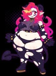 2024 2d bat_pasties fangs hair_covering_eye holes_in_clothes horns huge_breasts long_gloves pantyhose pointy_ears red_eyes red_hair succubus thick_thighs toon_michaela toxicsoul77 tummy_bulge wide_hips