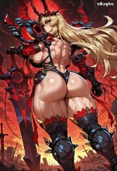 1girls ai_generated armor ass back backless_outfit barghest_(gawain)_(fate) biceps big_ass black_sclera blonde_hair breasts elbow_gloves fate/grand_order fate_(series) from_behind gloves greaves green_eyes hair_ornament highres huge_ass huge_breasts large_breasts long_hair looking_at_viewer looking_back muscular muscular_back muscular_female nbaghu revealing_clothes serious shiny_skin shoulder_armor sideboob solo solo_female sword thick_thighs thighhighs thighs very_long_hair wide_hips