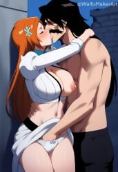 1boy 1boy1girl 1girls ai_generated arms_around_neck bleach bleach:_the_thousand-year_blood_war couple female fingering fingering_pussy hand_in_panties hi_res high_quality high_resolution highres inoue_orihime kissing large_breasts making_out male male/female night nipples pierrot_(company) pink_nipples pussy_juice pussy_juice_drip ruins waifumakerart yhwach