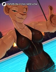 1girls ai_generated animal_ears anthro anthrofied breasts cleavage collarbone covered_navel covered_nipples ears female furry furry_female gradient_sky green_eyes half-closed_eyes large_breasts looking_at_viewer meevow milf nala nala_(the_lion_king) nipple_bar nipple_piercing nipples one-piece_swimsuit orange_sky outdoors patreon_logo patreon_username piercing pool reaching reaching_towards_viewer see-through smile snout solo sunset swimsuit the_lion_king thumbs_up two_tone_body two_tone_fur water web_address wet wet_clothes wet_swimsuit zipper zipper_pull_tab