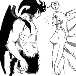 1boy ? breasts cowboy_shot devilman devilman_(character) female futanari height_difference highres large_breasts nipples nude penis profile satan_(devilman) spoken_question_mark white_background whxqxqaaa!