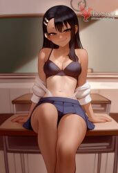 1girls 2d ai_generated areolae ass back bare_shoulders big_ass black_hair blue_eyes bra brown_eyes dark_skin dark_skinned_female day erophoenix female female_focus full_body hairclip hayase_nagatoro jewelry long_hair looking_at_viewer one-piece_tan panties patreon_username please_don't_bully_me,_nagatoro sitting skin_fang small_breasts smile solo tan tan_body tan_lines tanline thick thick_thighs uncensored underwear undressing