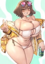 1girls 2025 absurd_res anis_(nikke) anis_(sparkling_summer)_(nikke) bikini breasts brown_eyes brown_hair edit eyepatch_bikini female goddess_of_victory:_nikke hi_res hips huge_breasts kelvin_hiu light-skinned_female light_skin peace_sign revision short_hair smile swimsuit thick_thighs thighs v_sign wide_hips