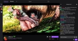 amphibian animal_humanoid anus black_hair bodily_fluids creek crymooore duo felid feline female feral feral_pred final_fantasy final_fantasy_xiv frog genitals hair hi_res humanoid humanoid_prey livestream long_tongue mammal miqo'te monster oral_vore saliva square_enix stream_chat text tongue vore vulva white_hair