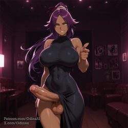 1futa abs ai_generated balls big_balls big_breasts bleach breasts curvy dickgirl futa_only futanari looking_at_viewer nipples nsfw nude odinsai penis perfect_body ready_to_fuck shihouin_yoruichi small_waist smile solo tan_skin testicles