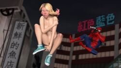 3d accidental_exposure alternate_version_at_source blonde_hair breasts camera choovy3 embarrassed embarrassed_nude_female enf exhibitionism female female_only front_view gwen_stacy gwen_stacy_(spider-verse) naked_female naked_footwear nipples pubic_hair pussy spider-gwen spider-man:_into_the_spider-verse spider-man_(series)
