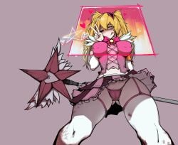 1girls ass_visible_through_thighs blood blood_stain breasts cameltoe crazy_eyes don_quixote_(limbus_company) female female_only garter_belt garter_straps large_breasts light-skinned_female light_skin limbus_company lobotomy_corporation long_hair looking_at_viewer midriff navel nipple_bulge panties project_moon queen_of_hatred_(cosplay) ranchsaucy skirt_lift smile solo tied_hair tongue twintails wide_hips wink