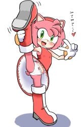 accessory amy_rose anthro blush boots bracelet clothing dress eulipotyphlan female flexible footwear gloves green_eyes hair_accessory hairband handwear heart_symbol hedgehog hi_res japanese_text jewelry mammal one_leg_up p_(artist) panties pink_body raised_leg sega shoes smile solo sonic_the_hedgehog_(series) splits spread_legs spreading standing tail text underwear vertical_splits