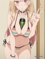 1girls ai_generated bikini blonde_hair blush drink_can drink_on_breasts drinking_straw energy_drink hearts_around_head hi_res kitagawa_marin long_hair looking_at_viewer monster red_eyes sono_bisque_doll_wa_koi_wo_suru un0rth0