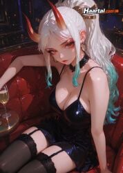 1girls ai_generated blush female female_only haart_ai horns medium_breasts nightclub one_piece orange_eyes skinny slim_waist stockings strip_club tagme teal_hair white_hair yamato_(one_piece)