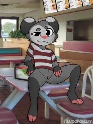 2025 absurd_res american_opossum anthro barefoot black_eyes burrito chair cheese circle_eyebrows clothing cuntboy dairy_products digital_media_(artwork) dipping_sauce eyebrows fast_food feet food fur furniture genitals grey_body grey_fur hi_res intersex leaf looking_at_viewer lupopossum mammal marsupial menu nachos napkin_holder on_table pattern_clothing pattern_shirt pattern_topwear photo_background photography_(artwork) pink_nose pubes pussy restaurant shirt smug solo spread_legs spreading striped_clothing striped_shirt striped_topwear stripes table taco taco_bell topwear virginia_opossum vulva