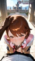 1boy :>= _dark_skin ai_generated atlus blue_sky blush bow bowtie breasts brown_eyes brown_hair castle censored clothed_sex cloud collared_shirt cum cum_in_mouth cum_on_penis cum_overflow dark-skinned_male dark_penis dark_skin day earrings ejaculation erection fellatio female hand_on_another's_head handjob interracial jewelry kneeling large_penis looking_at_viewer male male_pubic_hair medium_breasts meitabuu mosaic_censoring open_fly oral outdoors pants penis penis_grab penis_out persona persona_3 persona_3_reload pink_cardigan pink_vest pleated_skirt pov pov_crotch pubic_hair red_bow red_bowtie school_uniform shirt short_hair short_sleeves skirt sky solo_focus straight stud_earrings sweater_vest uncensored veiny_penis vest white_shirt yukari_takeba