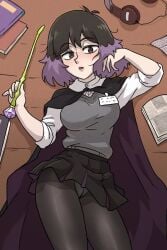 bangs black_cape black_capelet black_clothes black_eyes black_hair black_legwear black_pantyhose black_skirt blush book breasts brown_eyes cape capelet centinel303 clothing collared_shirt female female female_only grey_sweater headphones high_resolution hilda_(series) holding holding_wand kaisa_(hilda) legwear light-skinned light-skinned_female light_skin long_sleeves looking_at_viewer looking_up lying multicolored_hair on_back open_book open_mouth pale-skinned_female pale_skin panchira panchira_(lying) panties_under_pantyhose pantsu pantyhose parted_lips pleated_skirt purple_hair school_uniform shirt shirt_tucked_in short_hair skirt solo sweater sweater_vest thick_thighs thighs two-tone_hair underwear uniform viewed_from_above wand white_panties white_shirt white_underwear wide_hips