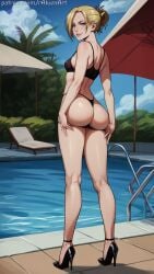 1girls ai_generated annie_leonhardt attack_on_titan big_ass bikini bikini_bottom bikini_top blonde_hair blue_eyes female from_behind high_heels legs long looking_back raiven solo_female standing tank_top thick_thighs thong