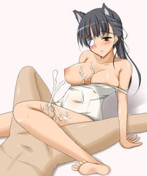 bare_shoulders barefoot black_hair blush breasts brown_eyes cum cum_on_body cum_on_breasts cum_on_upper_body ejaculation eye_patch feet female kneepit_sex large_breasts long_hair looking_down lying nipples nude one-piece_swimsuit outercourse penis sakamoto_mio simple_background sitting strike_witches swimsuit thigh thighs toes uncensored white_background