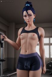 1boy 3d abs ai_generated black_shorts black_sports_bra blurry_background bulge covered_penis earrings femboy gym hair_between_eyes hi_res highres indoors jewelry k/da_all_out_kai'sa k/da_all_out_series kai'sa league_of_legends long_hair looking_at_viewer lyxen3d makeup male male_focus navel nipples nose otoko_no_ko penis ponytail purple_eyes shorts solo sports_bra toned