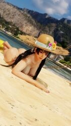1girls 3d 3d_render ass bangs barefoot beach black_hair blue_sky blunt_bangs breasts clothing cloud completely_nude day dead_or_alive deluwyrn earrings feet female female_only flower hat hat_flower headwear high_resolution hime_cut jewelry large_breasts long_hair looking_at_viewer lying mole mole_under_mouth mountain nail_polish nipples nude nudist nyotengu on_stomach outdoors purple_eyes red_nails sky smile solo straw_hat sun_hat very_high_resolution water
