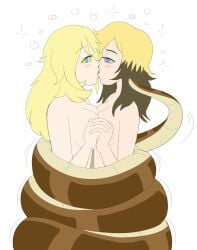 blonde_hair blush disney femsub holding_hands hypnosis kaa kaa_eyes kissing long_hair mind_control multicolored_hair multiple_subs original plsgts simple_background the_jungle_book topless white_background