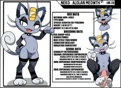 alolan_meowth character_sheet claws cum cum_on_face eyeshadow fangs feline female feral feral_female fishnets goth meowth nintendo pawjob paws pokemon pokemon_(species) sticking_out_tongue thighhighs yttriumi2f
