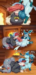 1boy 1girls 2025 absurd_res ai_generated ass balls big_balls big_butt big_penis blush bodily_fluids breasts closed_eyes clothed clothing comic cum cum_in_mouth cum_inside dialogue duo ejaculation english_text erection eyewear fellatio female female_penetrated feral feral_penetrating generation_4_pokemon genital_fluids genitals glaceon glasses heart hellsonger hi_res huge_cock human human_on_feral human_penetrated humanoid_genitalia humanoid_penis interspecies knot larger_female long_penis looking_pleasured male male/female male_glaceon male_penetrating male_penetrating_female mammal nintendo oral orgasm orgasm_face penetration penile penis penny_(pokemon) pokemon pokemon_(species) pokephilia saliva sex size_difference small_but_hung smaller_male text thick_penis tongue tongue_out vein veiny_penis zoophilia