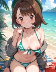 ai ai_assisted ai_generated belly_button blush brown_eyes brown_hair gloria_(pokemon) medium_breasts nervous_smile one_arm_up one_breast_out pokemon pokemon_ss short_hair shoulders swimsuit thepornfox