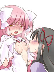 2girls akemi_homura black_hair blush bow breast_sucking breasts closed_eyes female hair_ribbon hairbow human human_only ko_ru_ri licking licking_breast licking_nipples long_hair madoka_kaname mahou_shoujo_madoka_magica multiple_girls nipples open_mouth pink_hair ribbon ribbon_choker saliva sweat tear torn_clothes trembling ultimate_madoka white_background yellow_eyes yuri