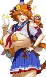 :d absurdres alternate_breast_size animal_ears areola_slip bad_id bad_pixiv_id bikini blue_sailor_collar blue_skirt breasts covered_nipples ear_covers feipin_zhanshi female gold_bikini highres horse_ears horse_girl horse_tail huge_breasts index_finger_raised looking_at_viewer matikanefukukitaru_(umamusume) navel neckerchief open_mouth orange_hair red_neckerchief sailor_collar school_uniform serafuku shirt short_hair short_sleeves simple_background single_ear_cover skirt smile solo sparkling_eyes swimsuit tail umamusume v white_background white_shirt yellow_eyes