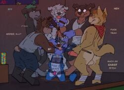 anthro aroused ashtray asphyxiation assault balls body_writing canid canine canis chastity_cage chastity_device choking cue_stick dirty_talk domestic_dog dominant dominant_male dripping embarrassed gangbang gay gay_male group group_sex hi_res hitting_head holding_mouth_open humiliation kneeling male male/male mammal objectification penis public public_nudity rape_play robbie_(rotten_robbie) rotten_robbie sex spilled_drink spitting submissive submissive_male surrounded_by_penises verbal_degradation wolf yaoi