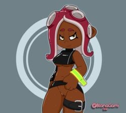 agent_8_(octo_expansion) agent_8_(splatoon) belt black_skirt blanagami breasts clothed clothing clothing_lift dark-skinned_female dark_skin female lifted_by_self looking_at_viewer nintendo octoling partially_clothed pussy skirt skirt_lift solo splatoon splatoon_2 splatoon_2:_octo_expansion standing sweat tentacle tentacle_hair under_boob video_games