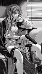 2girls armchair arms_behind_back bang_dream! bang_dream!_it's_mygo!!!!! between_legs blindfold bondage bound bound_wrists breasts chair chihaya_anon chinese_commentary closed_mouth collar commentary_request commission cunnilingus greyscale gun handgun highres holding holding_gun holding_weapon indoors lanserongjie light_particles long_hair monochrome multiple_girls nagasaki_soyo oral second-party_source sitting watch weapon wristwatch yuri