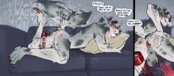 anal anal_masturbation anthro anus ass bite biting_lip blue_eyes blush canid canine canis claws dialogue dildo disembodied_penis domestic_dog duo english_text erection facial_hair fur furniture genitals grey_body grey_fur hi_res hug hugging_object hugging_pillow humanoid_genitalia humanoid_penis lube_in_ass male male/male male_focus mammal masturbation moustache on_sofa pawpads penis pillow presenting presenting_anus presenting_hindquarters scottie_(scottieman) scottieman sex_toy sofa solo_focus spread_anus spread_butt spreading tail tail_motion tailwag text toe_claws