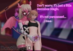 3d 3d_(artwork) azazel_(dont_bully) blender blender_(artwork) blender_(software) blonde_and_pink_hair blonde_female blonde_hair blonde_hair_female dialogue dont_bully_(artist) femboy femboysub handjob handjob_from_behind helluva_boss light-skinned_male light_skin magic penis_enlargement penis_growth pink_body pink_hair pink_skin pink_skinned_female reach_around strawberry_blonde_hair succubus succubus_horns succubus_tail succubus_wings text touching_penis two_tone_hair verosika_mayday verosika_mayday_(helluva_boss)