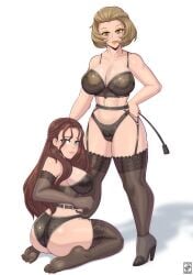 2girls armwear ass big_ass big_breasts black_bra black_gloves black_panties black_thighhighs bottomwear bra breasts brown_eyes brown_hair cleavage dorothea_arnault elbow_gloves eyeshadow female female_only fire_emblem fire_emblem:_three_houses footwear full_body garter_belt garter_straps gloves green_eyes hair hand_on_hip heels high_heels hips holding_object huge_breasts lace lace-trimmed_bra lace-trimmed_gloves lace-trimmed_panties lace-trimmed_thighhighs lace_trim legs legwear lingerie lips lipstick long_hair looking_back manuela_casagranda mature mature_female mature_woman milf mole mole_under_eye nahusmash nintendo on_knees orange_eyeshadow orange_lips orange_lipstick panties short_hair thick_thighs thighs topwear