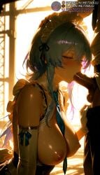 1boy ai_generated apron back bare_shoulders belt between_breasts black_belt black_necktie black_pants blue_hair blue_necktie blurry blurry_background blush breasts breasts_out censored clothes_pull collared_shirt cum cum_in_mouth dark-skinned_male dark_skin detached_collar elbow_gloves enmaided erection fellatio female frilled_apron frills from_side gloves hair_between_eyes half-closed_eyes hand_on_another's_head indoors large_breasts long_hair long_sleeves maid maid_apron maid_headdress male_pubic_hair meitabuu necktie necktie_between_breasts nipples oral pants pants_pull penis pulling_another's_clothes purple_eyes saliva shirt short_necktie sidelocks single_elbow_glove sleeveless solo_focus straight sweat testicles the_shorekeeper_(wuthering_waves) uncensored upper_body veins veiny_penis waist_apron white_apron white_gloves white_shirt wuthering_waves