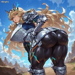 1girls ai_generated ass ass_focus barghest_(gawain)_(fate) bending_over big_ass blonde_hair blue_eyes blue_shirt bodysuit breastplate breasts fate/grand_order fate_(series) female female_only green_eyes hair_ornament heterochromia highres huge_ass huge_breasts light-skinned_female long_hair looking_at_viewer looking_back muscular muscular_female nbaghu open_mouth shoulder_armor skin_tight solo thick_thighs vambraces very_long_hair wide_hips