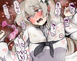 ? bed_sheet black_neckerchief blue_archive blush brown_eyes brown_hair condom female frozen_oyu hair_between_eyes heart heart-shaped_pupils long_hair long_sleeves lying nagisa_(blue_archive) neckerchief on_back open_mouth solo speech_bubble spoken_question_mark symbol-shaped_pupils trembling upper_body used_condom white_wings wings