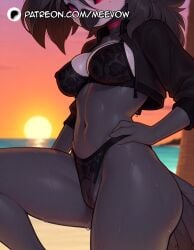 1girls ai_generated artist_name backlighting beak bird_girl bird_tail black_bra black_hair black_jacket black_panties blurry blurry_background body_fur bra breasts cameltoe choker collarbone colored_sclera cropped_jacket english_text floral_print furry furry_female hand_on_own_hip helluva_boss jacket large_breasts leg_up lingerie long_hair meevow mole_under_eye navel octavia_(helluva_boss) open_clothes open_jacket orange_sky outdoors panties patreon_username pussy red_sclera sky snout solo standing stomach sun sunset sweat tail thighs two-tone_fur underwear water watermark zipper