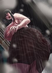 akai_melon black_hair blushing bra_visible_through_clothes breasts embarrassed female flustered frilled_bra huge_ass huge_breasts looking_back pale-skinned_female rain red_bra red_eyes suprised_look thick_thighs voluptuous_female wedding_ring wet_clothes yor_briar