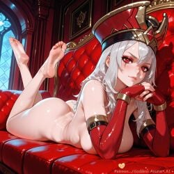 ai_generated ass bangs barefoot blizzard_entertainment blush breasts closed_mouth couch cross_pose elbow_gloves feet feet_up female fingerless_gloves gloves goddessasunaai grey_hair hair_between_eyes hat human_(warcraft) human_(world_of_warcraft) human_priest indoors large_breasts legs legs_up lips long_hair looking_at_viewer lying nail_polish nude on_stomach own_hands_together priest priest_(warcraft) red_eyes red_gloves red_headwear red_nails sally_whitemane soles solo the_pose toes warcraft world_of_warcraft wow