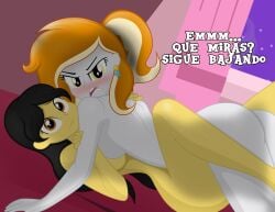 artist_name blush blushing breast_to_breast danielita_(oc) danielitamlp_(artist) earrings female female_only laying_down lesbian_sex my_little_pony nude nude_female rita_cloudy_(oc) yuri